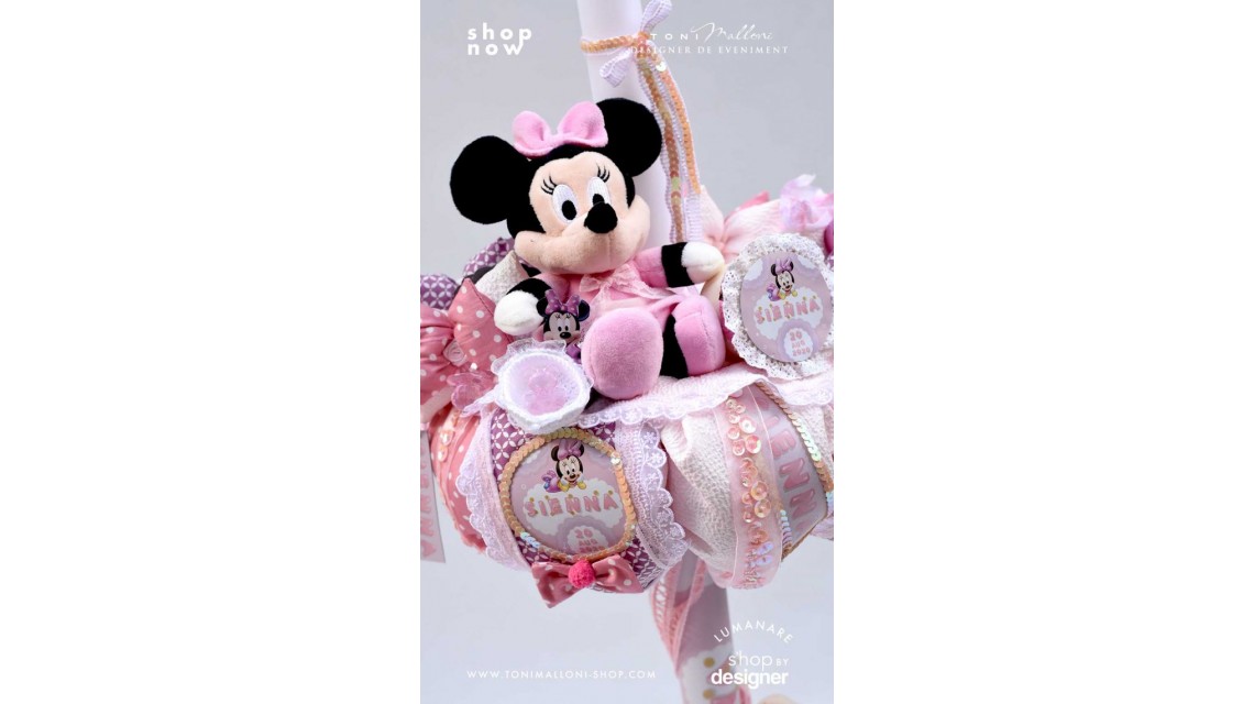 Lumanare cu Minnie Mouse Racer personalizata cu paiete roz si lila 1